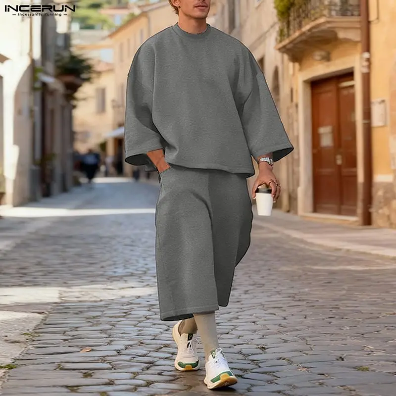 Men'S Fashion Loose Pants - INCERUN Men Sets Solid Color Baggy