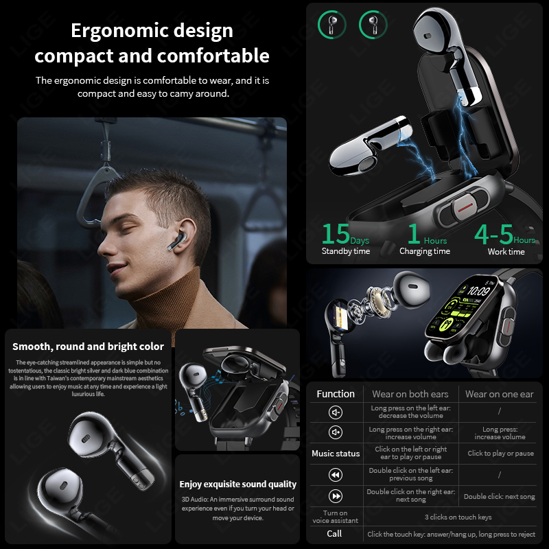 LIGE New 2 In 1 TWS Smart Watc - đánh giá và giá Men'S Fashion Week 2026