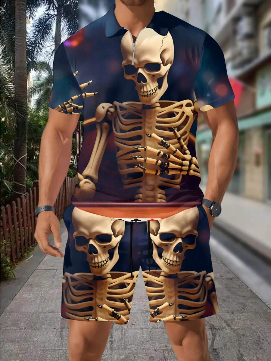 3D Skull Skeleton Bullet Print - đánh giá và giá Men'S Fashion Polo