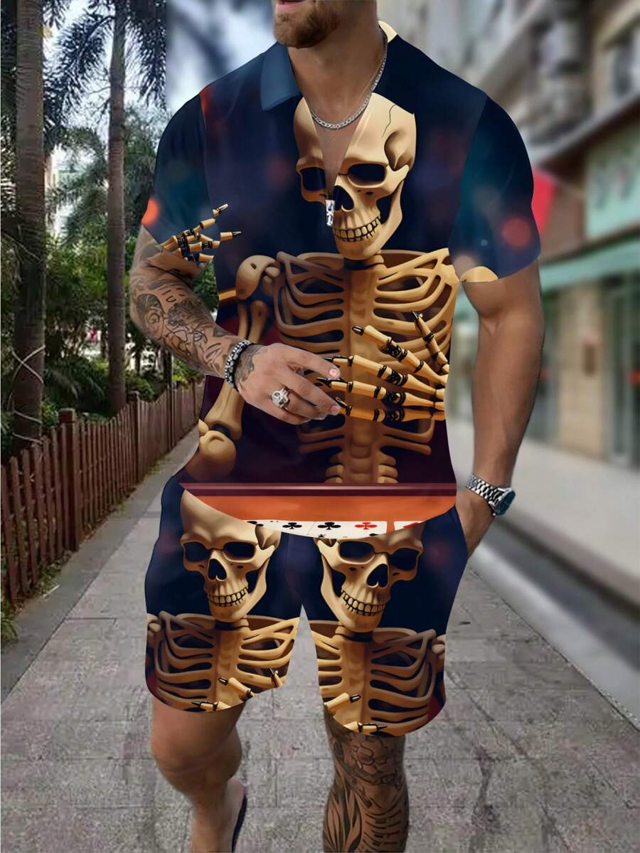 3D Skull Skeleton Bullet Print - đánh giá và giá Men'S Fashion Polo